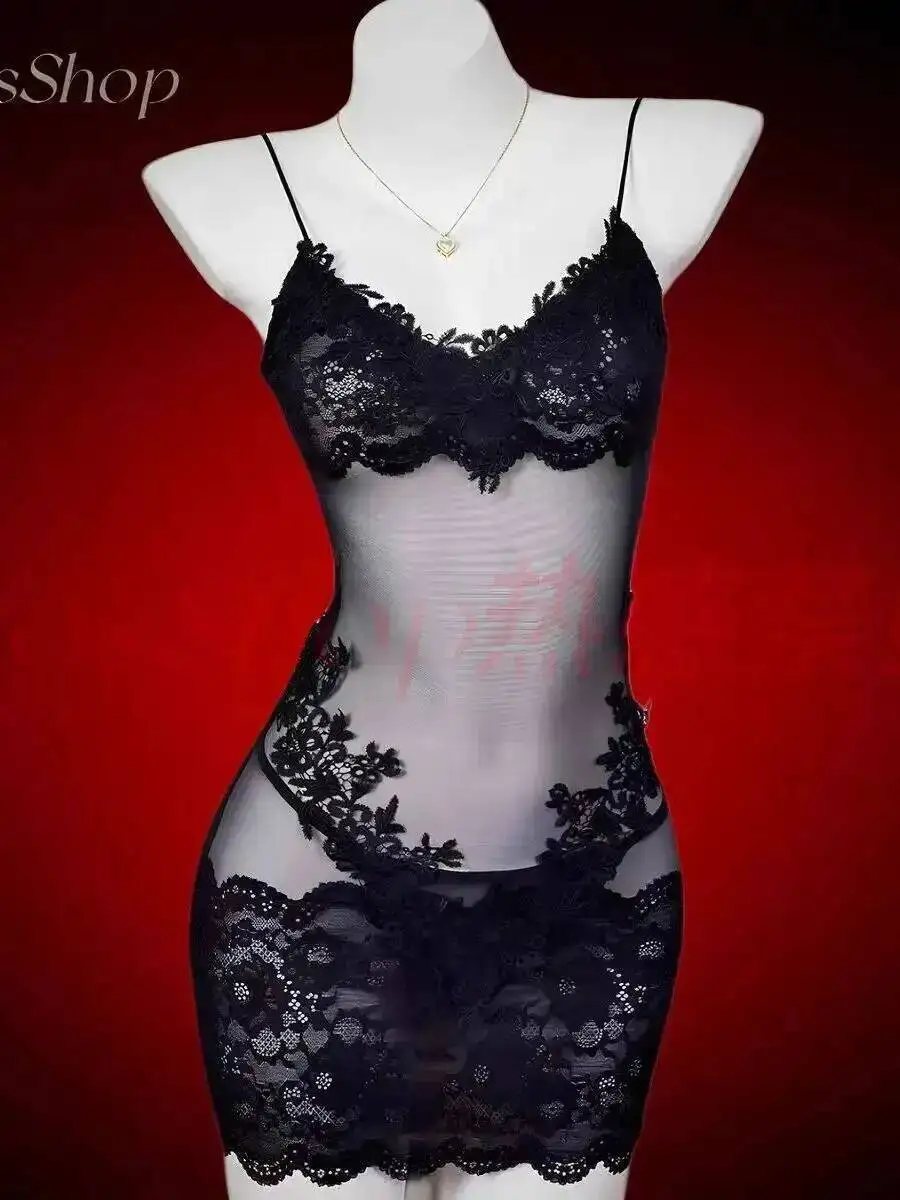 Minivestido Sexy de malla transparente para mujer, minivestido con tirantes de retazos de encaje, Espalda descubierta, tirantes en V profundo, sin mangas, encantador 4L5J