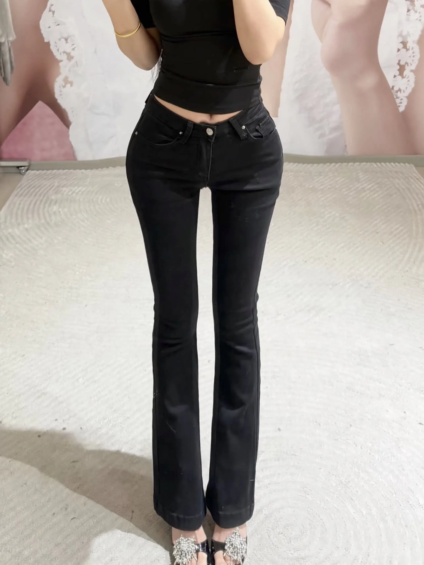 

Low-Waist Flared Jeans Women's Korean Sle Pure Bla Elastic Slimming Long Pants Cotton Stretch Denim Bootcut Trousers