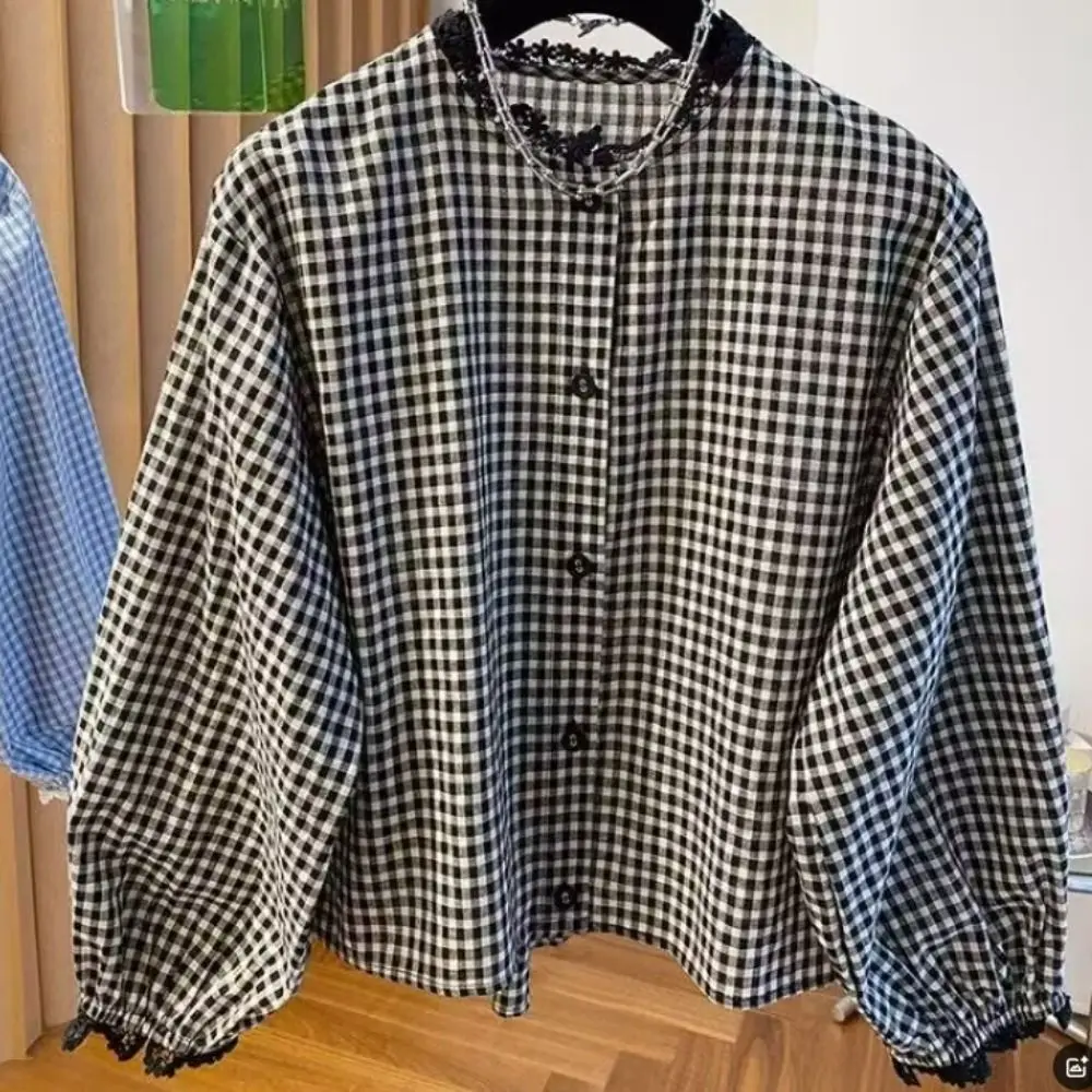 French Style Round Neck Plaid Shirt Long Sleeve Charming Women Shirts Gentle Retro Women Blouse