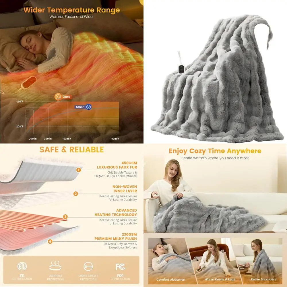 

Grey Electric Bubble Faux Fur Blanket, 50x60, 8 Heat Levels, 2-8 Hours Auto-Off, Overheat Protection, ETL Certified