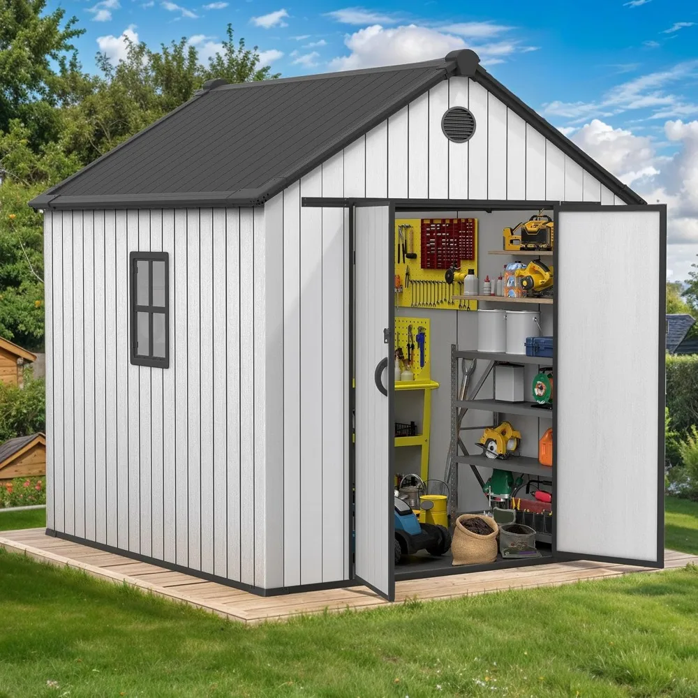 8x8 FT Outdoor Storage Shed, Plastic Storage Shed with VisionWindow, Lockable Door & Floor, 16mm Heavy Duty, Customized