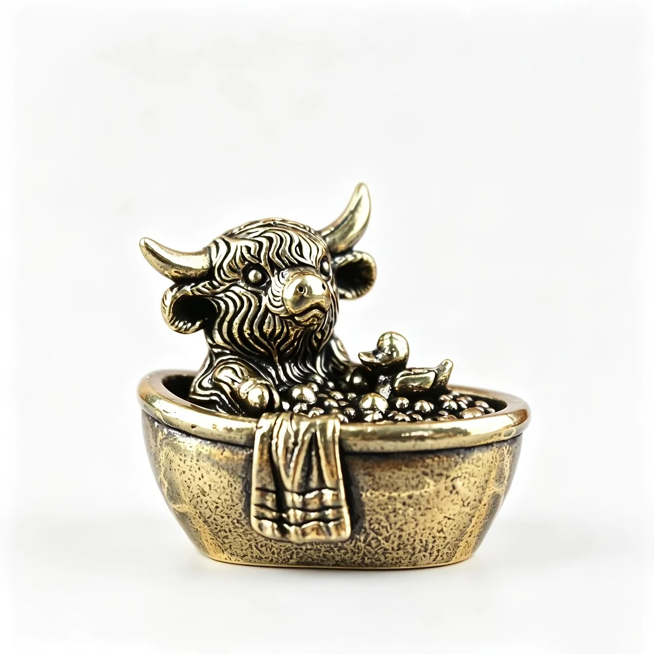 Brass Highland Cow Taking A Bath Statue Ornament, Hand-Carved Vintage Finish With Delicate Texture, Office Desk Decoration.