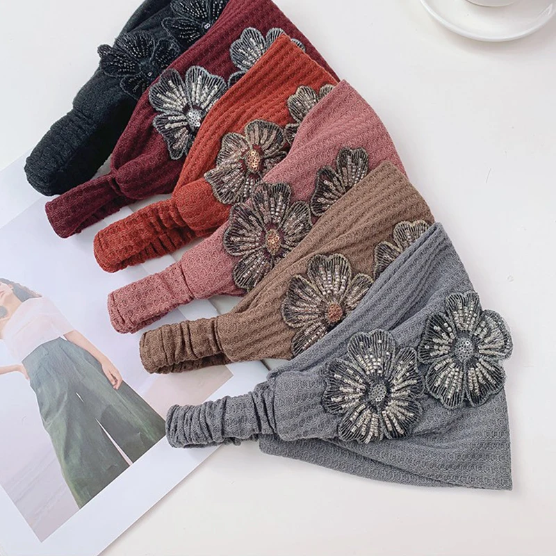 Flower Pattern Shiny Rhinestones Faux Pearls Hair Band High Elastic Wide Hair Hijabs Holder