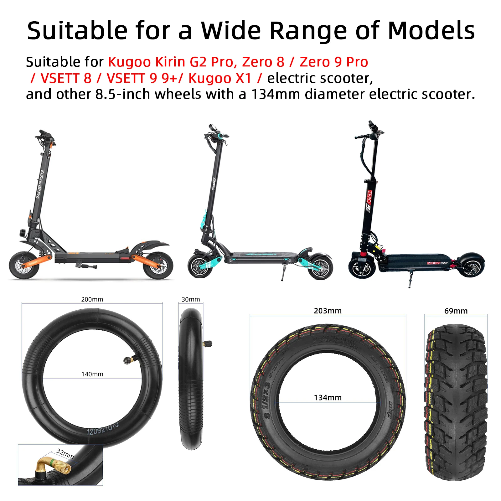 Ulip 8.5x3 Thicken Tubeless Tire &Ulip 8 1/2x2 Inner Tube For Kirin G2 Pro Electric Scooter VSETT 9+ Zero8/9 Off-road Tyre 8.5*3