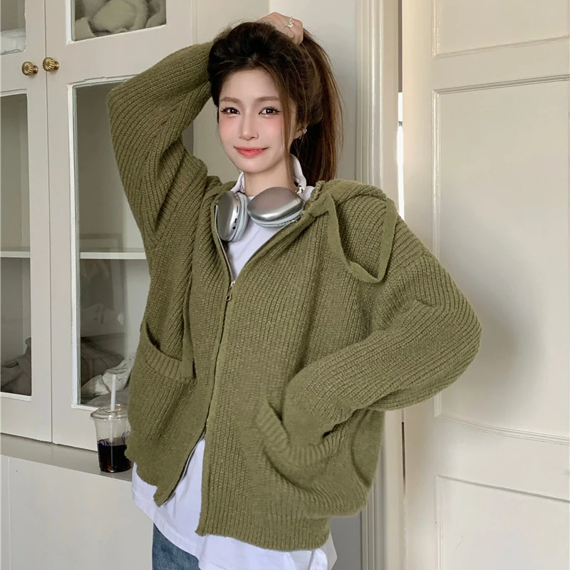 Autumn Winter New Green Knitted Cardigan Women Korean Fashion Loose Long Sleeve Hooded Zipper Sweater Coats Woman