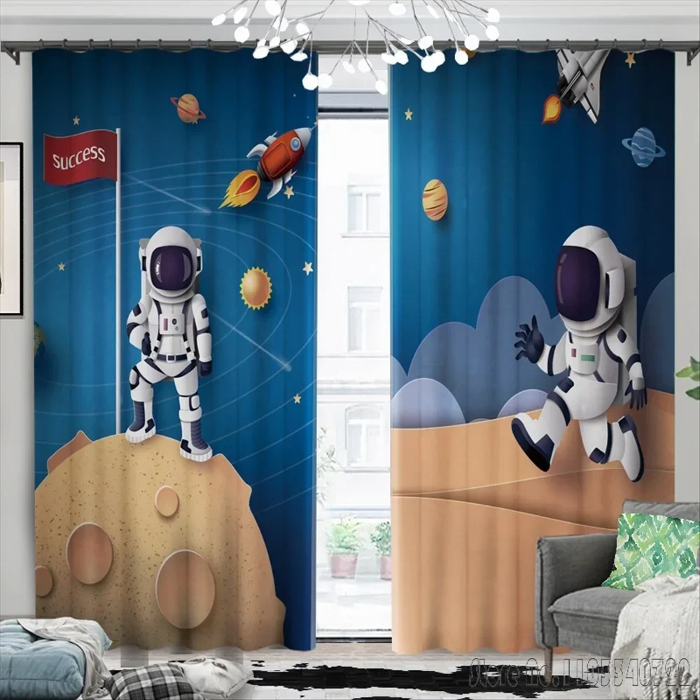 Anime Space Rocket Astronaut Window Curtain 3D Print Blackout Curtains Living Room Bedroom Decor Custom Kids Gift