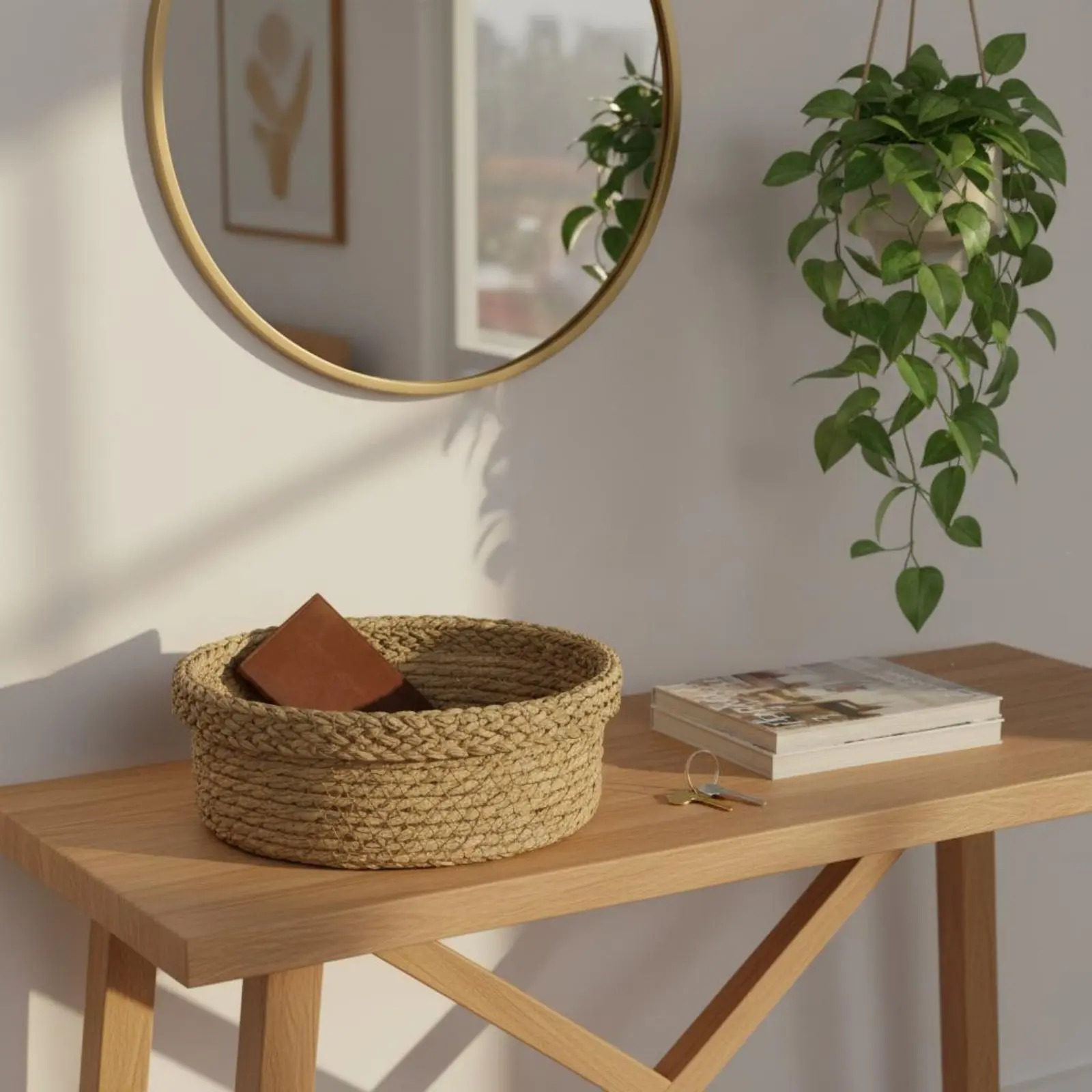 Cesta Redonda Tejida de Mimbre, Diseño Moderno Minimalista, Bandeja para Llaves de Entrada, Cesta para Llaves de Material Natural, Recipiente Organizador para Entrada