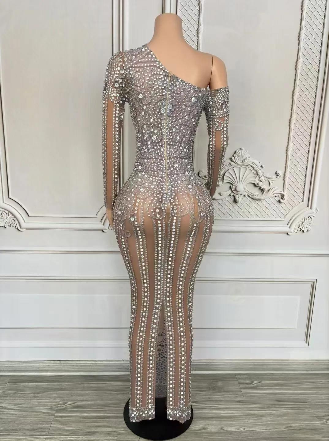 Luxury Sparkle Rhinestones One Shoulder See through Dress Evening Birthday Celebrate Performance Dancer Singer Photoshoot Dress