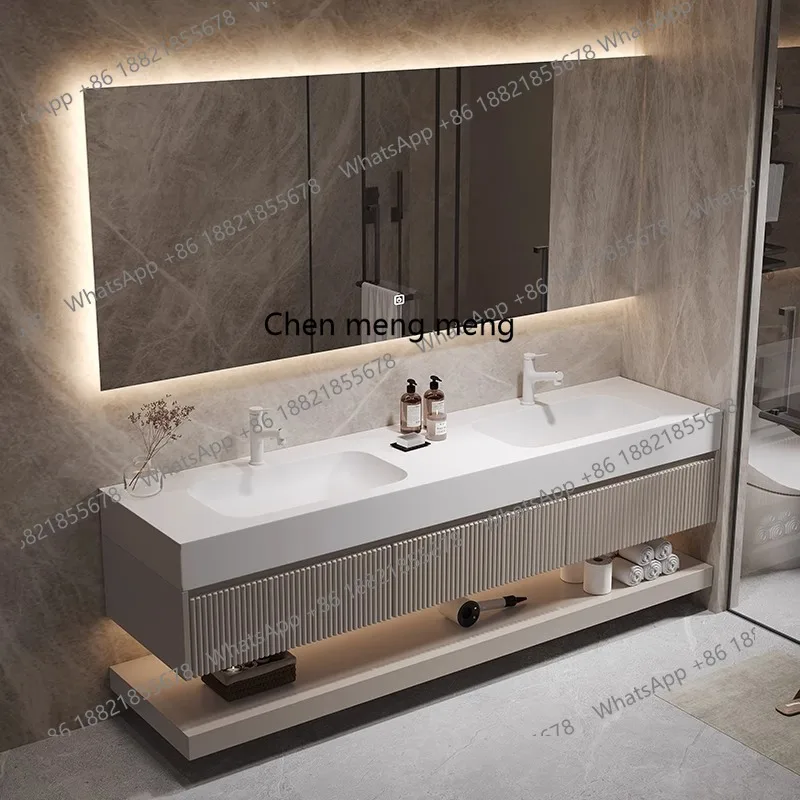 

Cream wind bathroom cabinet double basin Corian integrated washbasin cabinet combination