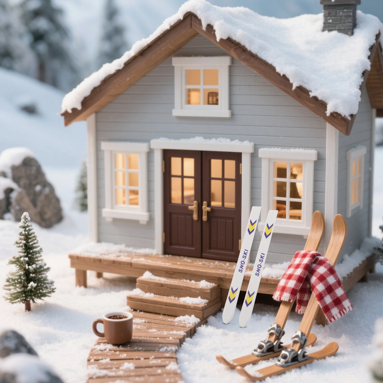 

5Set Miniature Skis Poles Holiday Dollhouse Accessories Winter Sports Decor Christmas Scenes Miniature Skis with Poles