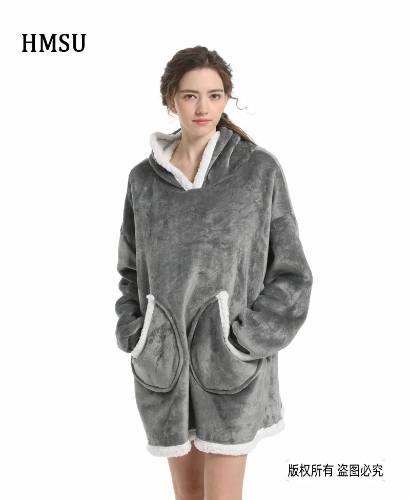 HMSU Oversized Hoodie Blanket With Sleeves Sweatshirt Plaid Winter Fleece Hoody Women Pocket Female Hooded Sweat Oversize Femme