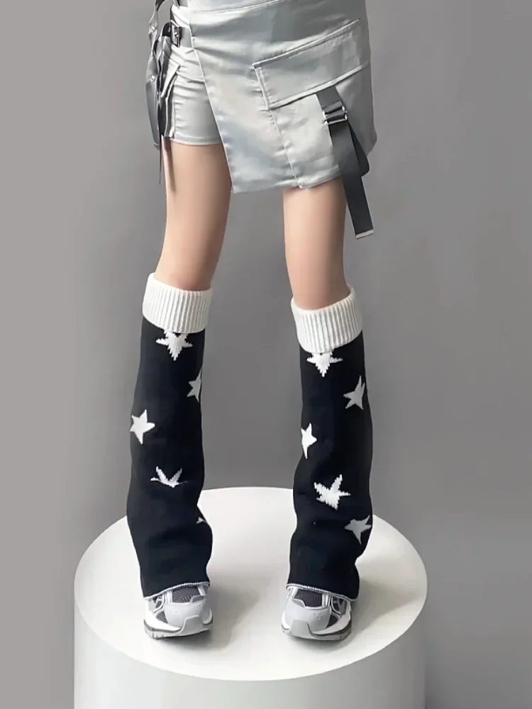 Leg Warmers Japanese Star Print Two-Side Wear Women Leg Warmers Socks JK Boot Cover Lolita Y2k Harajuku Knitted Sock Streetwear