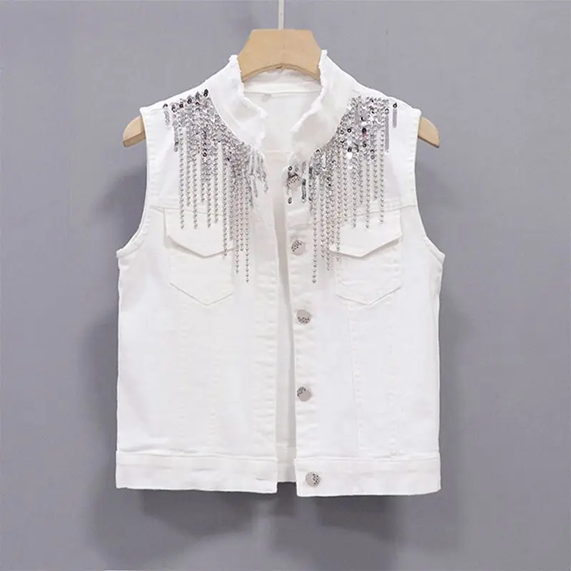 Cowboy Vest Women New Fashion Korean Version Heavy Industry Tassel Chain Sequin Slim Top Women's Short Waistcoat Jackets