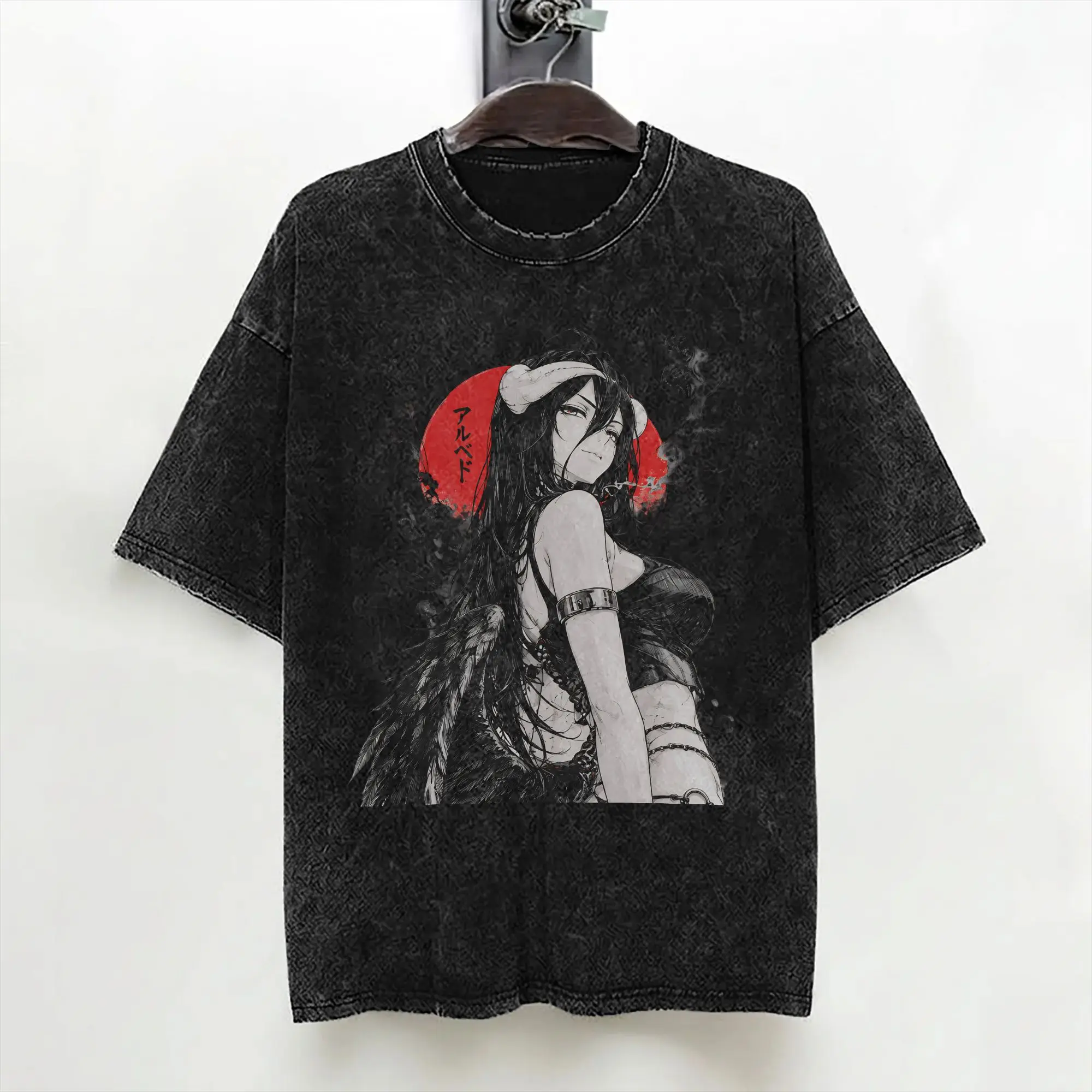 Albedo Japanese Anime T Shirt Washed Short Sleeve Oversize T-Shirts  Vintage for Men Women Streetwear Graphic Printed Tops Tees
