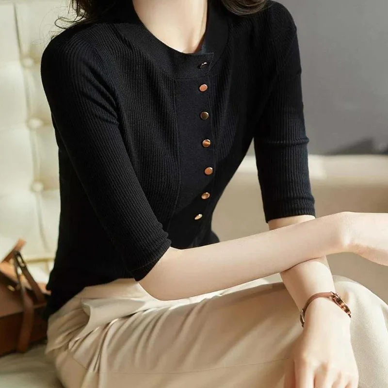 Autumn Elegant Fashion Office Lady Trendy Sweaters Women All Match Basic Solid Color Round Collar Button Half Sleeve Thin Top