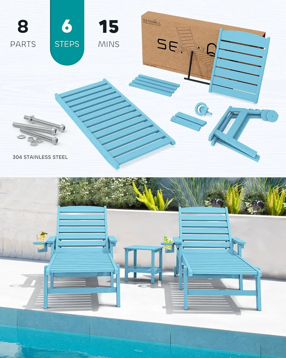 SERWALL Patio Chaise Lounge Chair Zestaw 2 sztuk, 5-pozycyjny regulowany fotel wypoczynkowy z poliestru na basen, fotel wypoczynkowy HDPE z