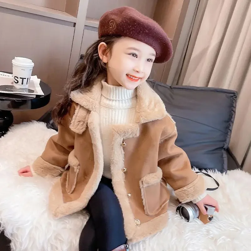 Girls Coat Fur One 2024 New Fleece Thickened Children Coat Foreign Style Baby Winter Simple Casual Coat Korean Simple Style