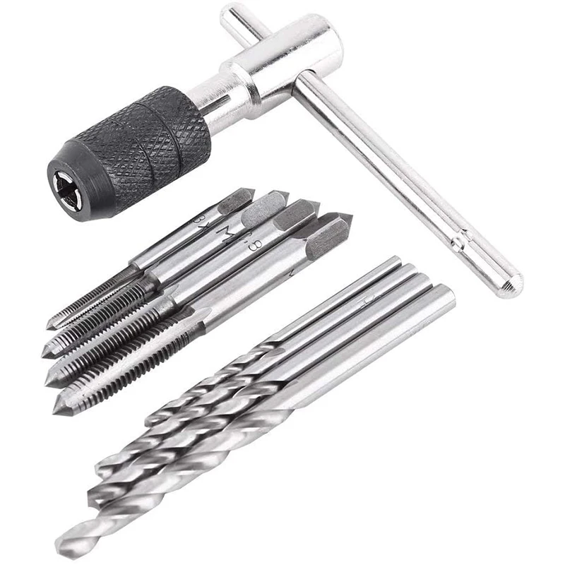 9Pcs Adjustable T-Handle Ratchet Tap Holder Wrench Tool Set With M3-M6 Screw Thread Metric Plug Tap And 2.5-5.0Mm Twist Drill Bi