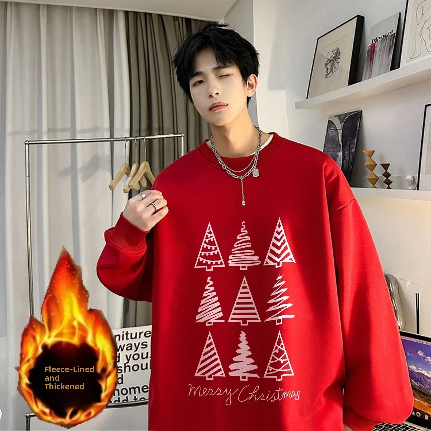 

plus Size Cisas Tree Print round Ne Sweatirt Men's Women's Autumn Winter Thiened Pure Cotton Fce Lined Hoodie