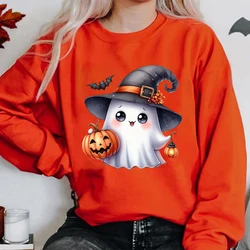 Halloween Ghost Pumpkin Print Pullovers For Women Autumn And Winter Casual Round Neck Loose Ladies Hoodeless Plus Size Pullovers