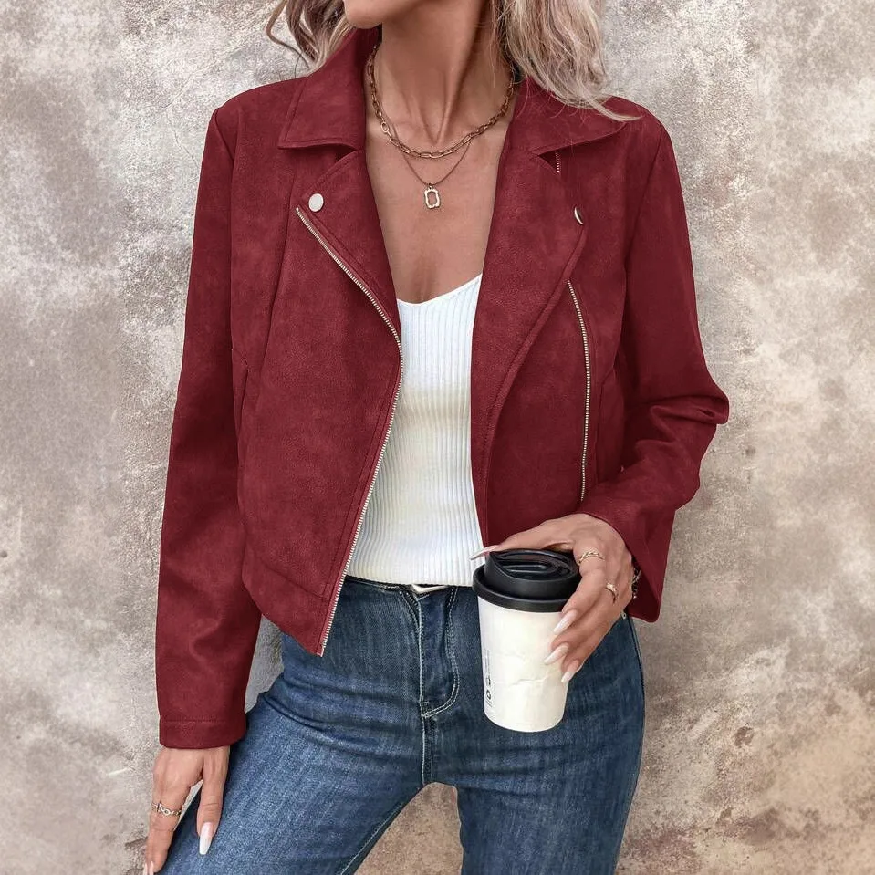 2026年レディースファッションフェイクスエードショートジャケットジッパー細身フィット防風保温質感多用途オフィス通勤カジュアルアウター