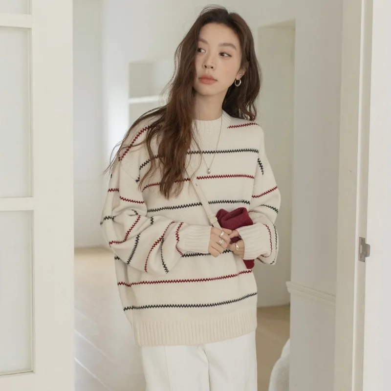 長袖ストライプOネックプルオーバーセーター レディース 2025秋 韓国風 カジュアル ルーズニットトップ エレガント プレッピースタイル ニットウェア