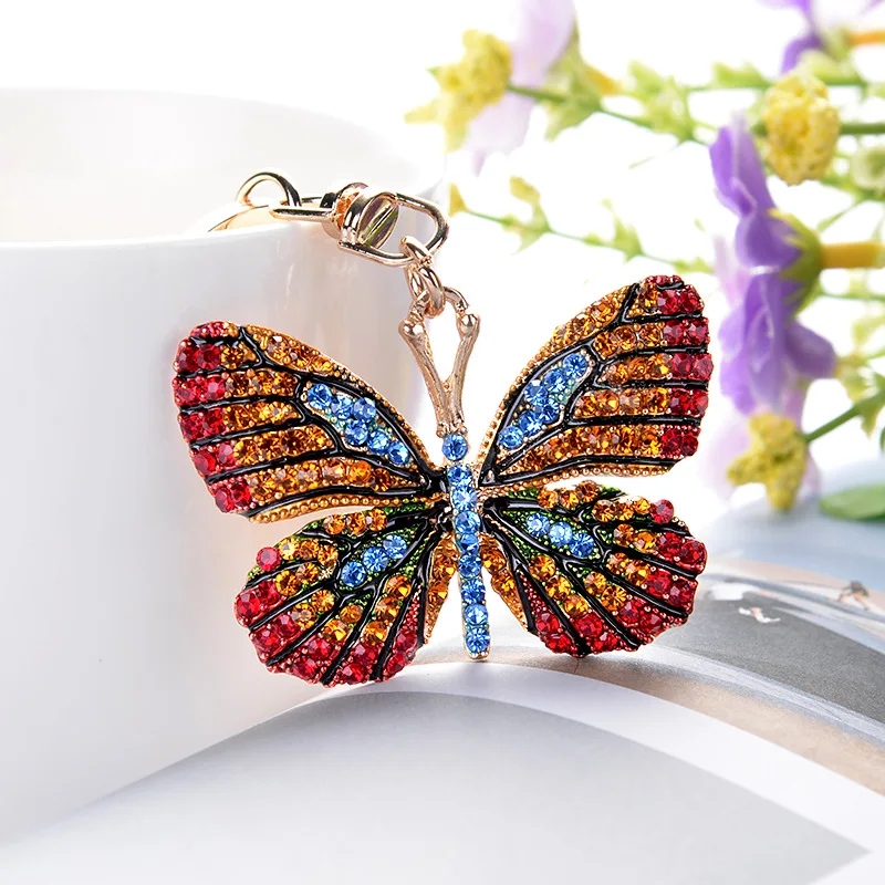 Cute Rhinestone Crystal Colorful Butterfly Keychain Animal Insect Big Wings Butterfly Key Chain Key Ring Holder Pendant Keyring