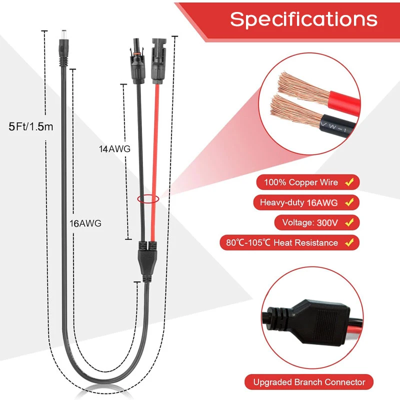 Solar Connector to DC5.5x2.1mm Cable, with DC8mm(DC7909/7955) DC3.5x1.35mm Adapter for Jackery Anker Goal Zero Solar Generator