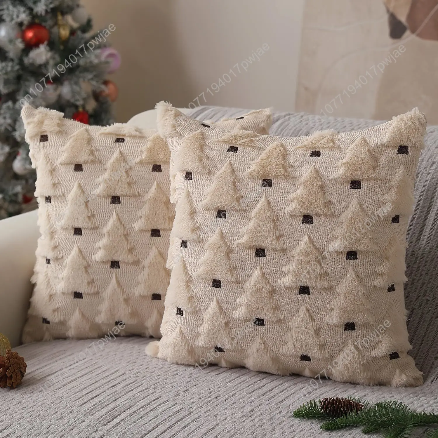 

Christmas Pillow Covers 18x18 inch Set of 2 Xmas Decorations Soft Plush Faux Fur Wool Beige Christmas Tree Throw Pillow Cases Wi