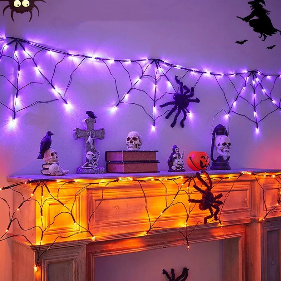 Battery Powered Halloween Cobweb Lights 1.8M Purple LED Spider Web Garland for Wall Window Yard Indoor Home Party Decor