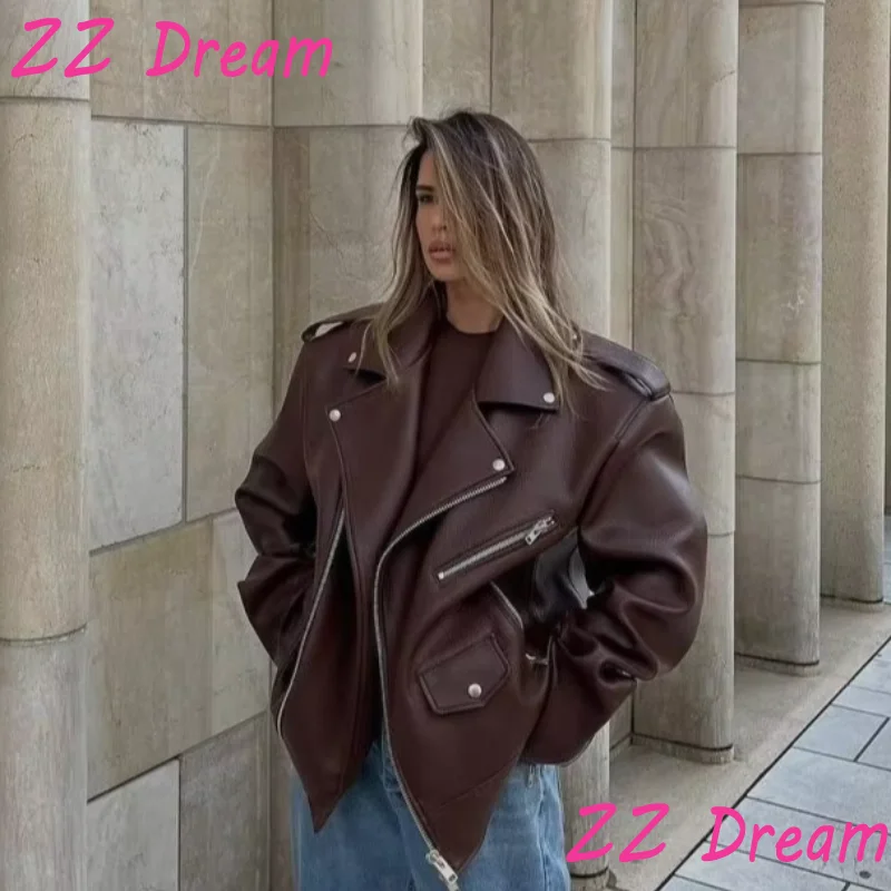 

Women's Leather Jacket Lapel Long Sleeve Motorcycle Zipper Short Coat 2025 Autumn Winter Fashion Lady High Street Cool Outwear