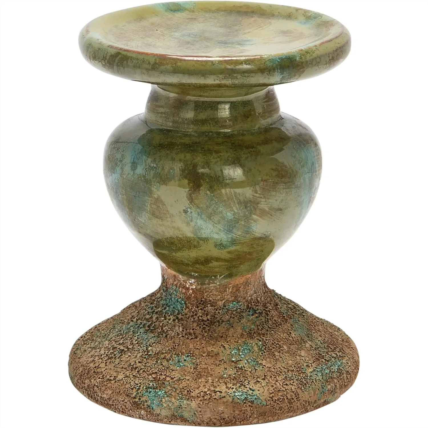 2-Tone Terracotta Pillar Candle Holder, Distressed Green, Rustic Home Decor