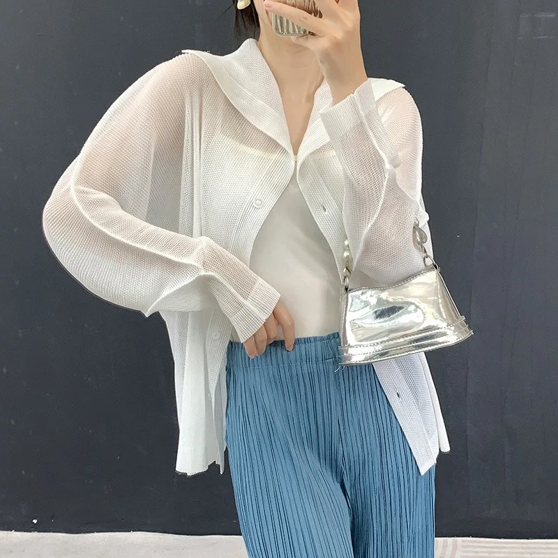 Pleated Mesh Jacket Summer Ice Silk Sunscreen Air Conditioning Shirt Thin Long Sleeve Outerwear Women Breathable Cardigan