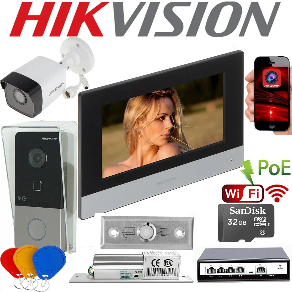 En plusieurs langues 4G Hik DS-KIS603-P Vidéo Interphone Kit DS-KV6113-WPE1 (C) DS-KH6320-WTE1 POE Sonnette Porte Station WIFI Moniteur