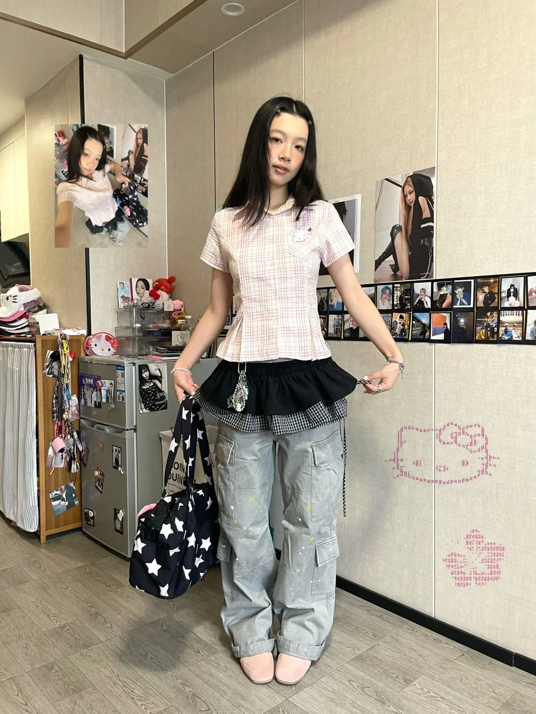 Genayooa Y2k اليابانية منقوشة قميص المرأة قصيرة الأكمام جيب سليم 2000s الجمالية المحاصيل القمم الصيف خمر بلوزة وقميص الرجعية