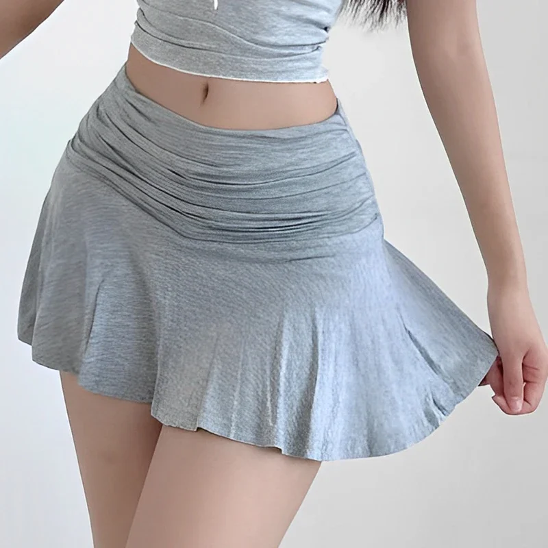 

Hot Girl Low Waist Short Skirt With Safety Pants Summer Drape Pleated A-Line Skirt