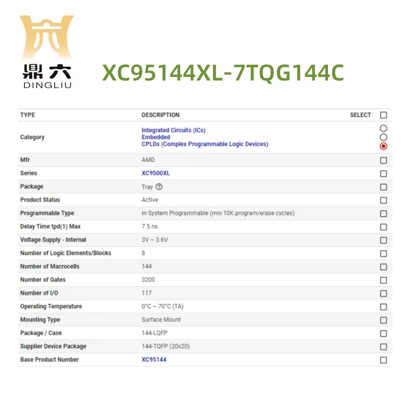 XC95144XL-7TQG144C	 IC CPLD 144MC 7.5NS 144TQFP  Complex Programmable Logic Devices XC95144XL-7TQG144C BOM service