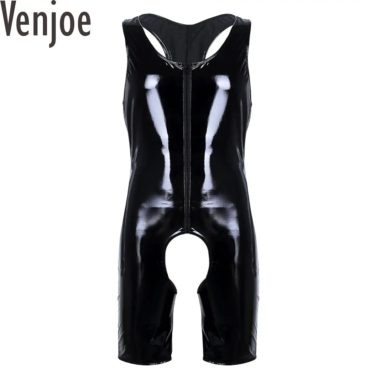 

Mens Wetlook Patent Leather Bodysuit Sleeveless Short Jumpsuit Zipper Crotchless Singlet Boxer Briefs Leotard Party Underwear