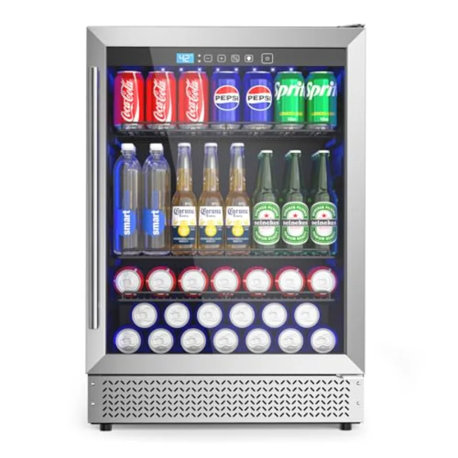 24 Inch Beverage Refrigerator for Kitchen Home Bar, Stainless Steel, Black, 180 Can Capacity with Glass Door, 37-64F Temperatur