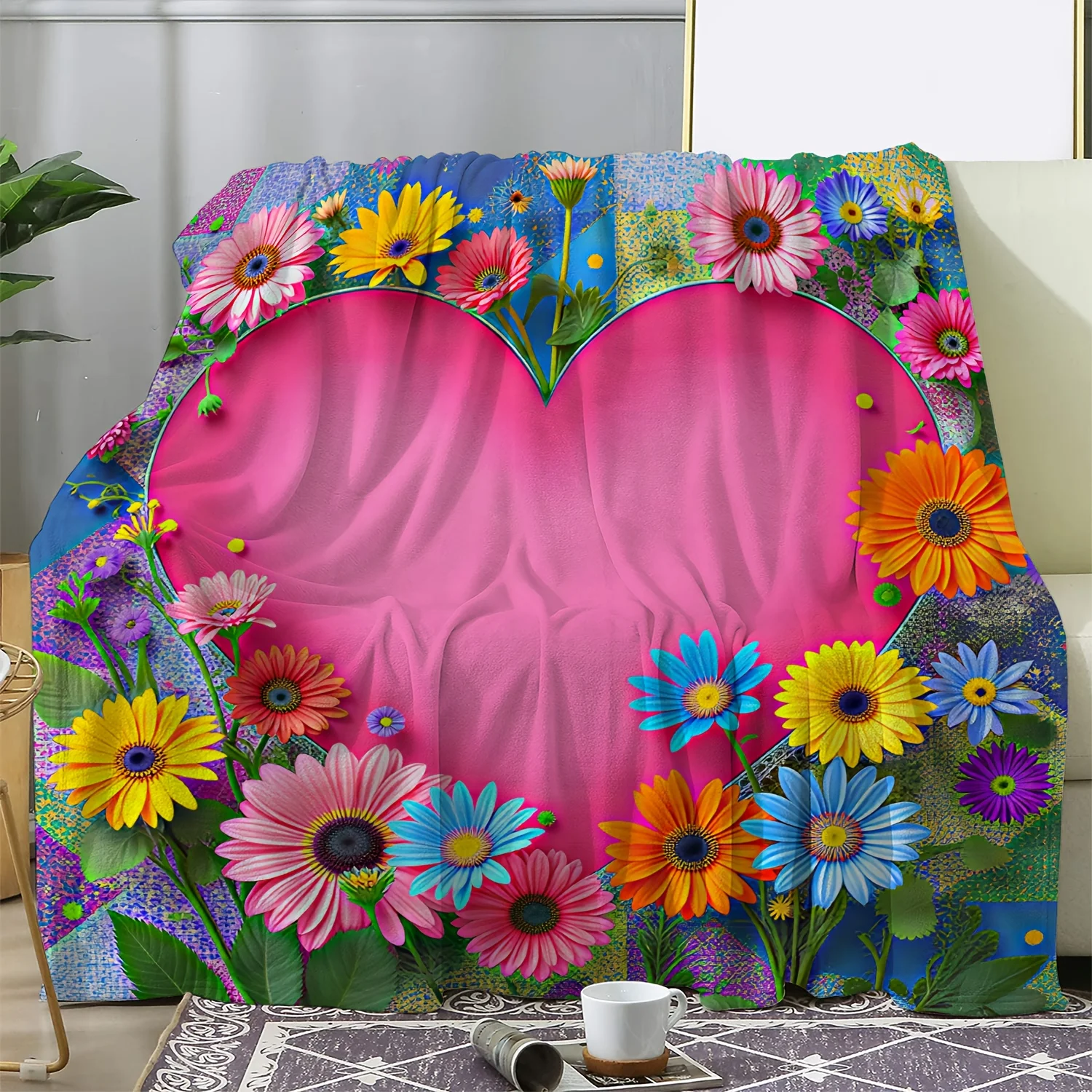 1pc Sdoo Vintage Floral Heart Print Flannel Blanket - Soft Warm All-Season Throw with Multicolor Flowers, 50x60 Inches for Sofa
