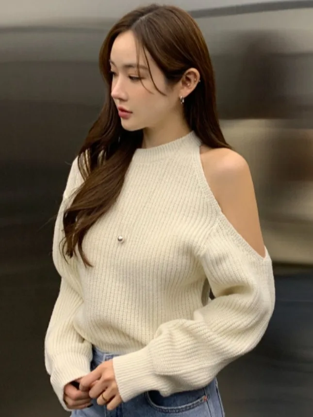 

Ele Vintage oulder-Bared Long Sve Knitwear for Women Simple Sli Chinese Brandl Spring Autumn Winter Sweater
