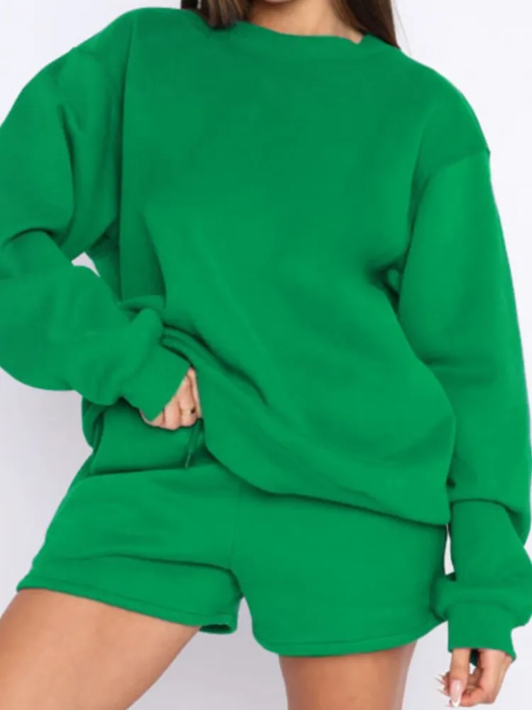 Dame Fashion Solid Sport Set Casual O Hals Langarm Pullover Lose Top Und Shorts Zwei Stück Sets Für Frauen Frühling Herbst Neue
