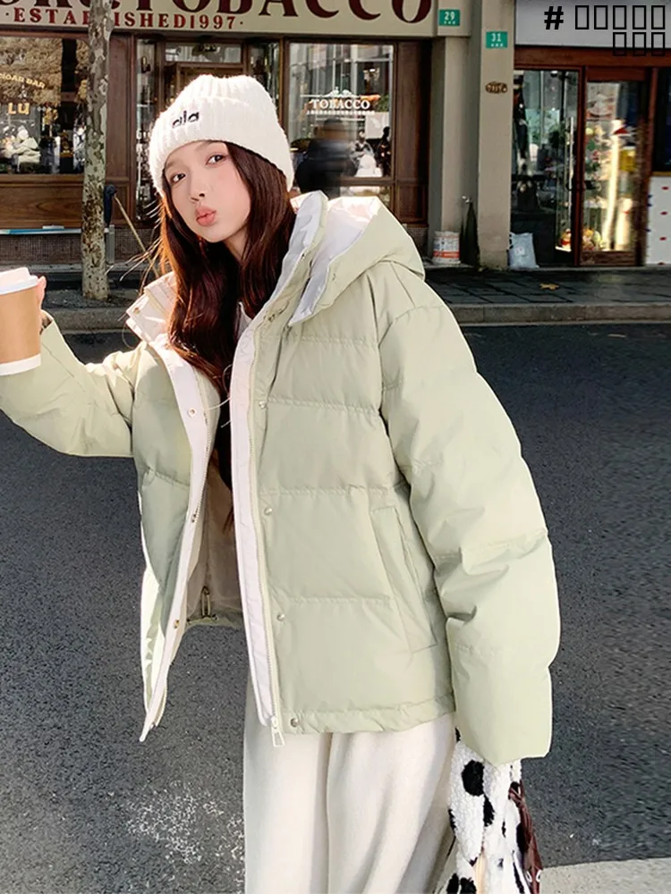 

Женская зимняя куртка с капюшоном, пуховик, корейская версия, антивозрастной, теплый, 90% белый пух, повседневный свободный крой