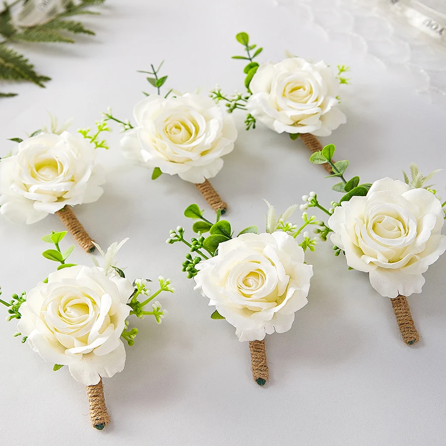 

Набор из 6 белых бутоньерок цвета слоновой кости для мужчин, аксессуары для свадебных цветов, украшения для костюмов на выпускной, цветочные браслеты-корсажи на запястье