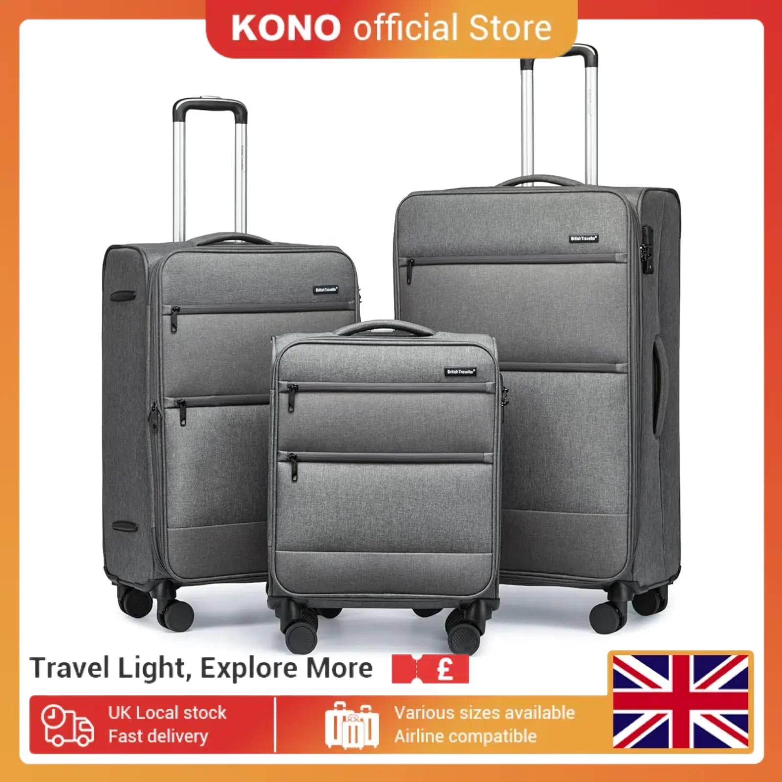 British Traveller Suitcase Lightweight Durable Check in Hold Luggage with TSA Lock and 4 Spinner Wheels