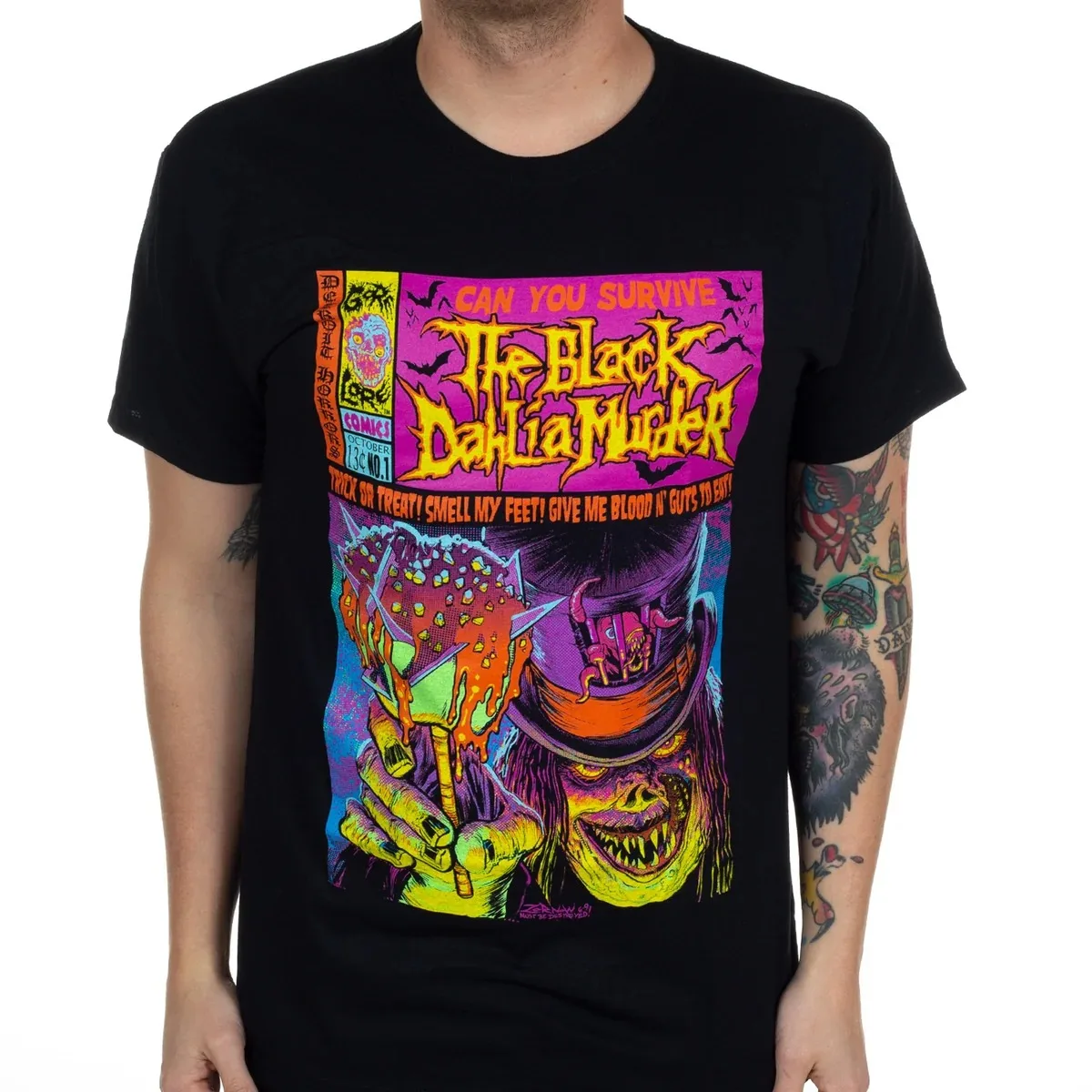 Das T-Shirt mit dem Retro-Comic-Monster-Motiv von Black Dahlia Murder, ein leuchtendes Halloween-Design mit einem Dämonencharakter. – Detail 6
