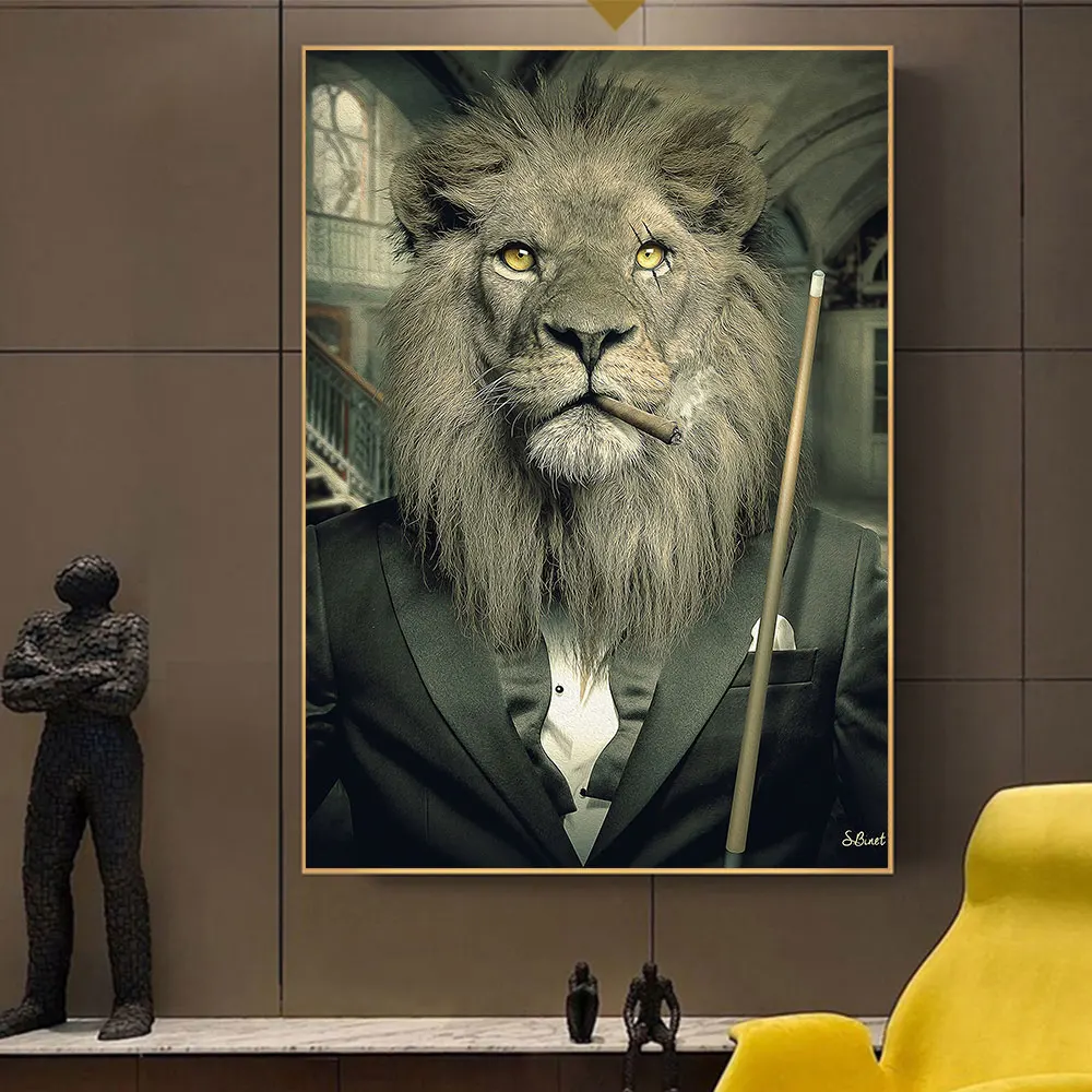 Lion In A SuitArt Canvas Print Painting Billiard Cue Gentleman Animal Wall Picture for Living Room Home Decoration Posters Gift