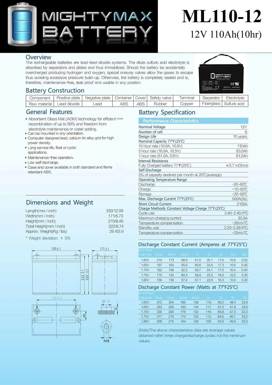 12V 110Ah SLA Battery Replaces UB121100-ER Sealed Lead Acid Battery, Customized