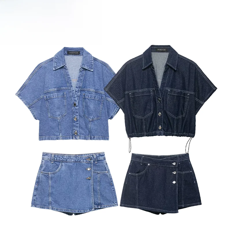

Spring New ZR Women's Fashionable Versatile Denim Short Shirt Double Lapel Denim Skirt Pants High Waist Short Sleeve High Waist