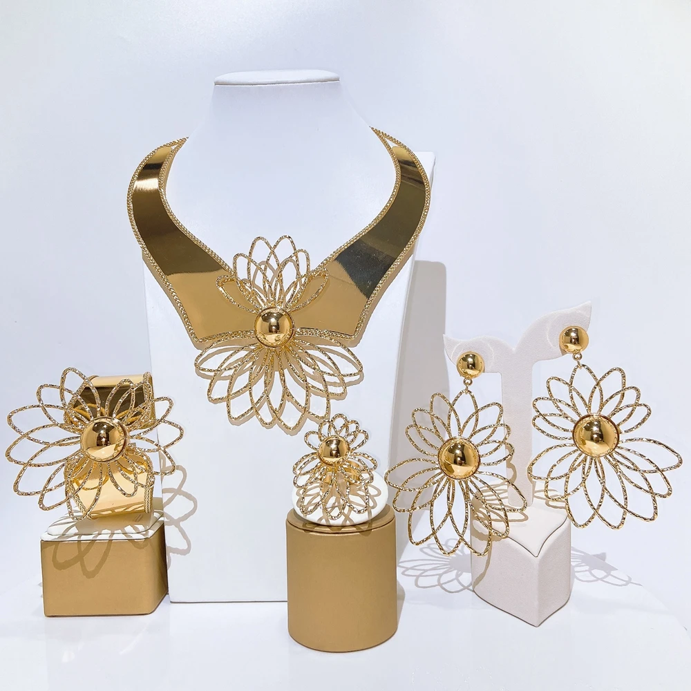 Vintage Wire Flower 24K Gold Plated Jewelry Set Hollow Floral Collar Necklace Cuff Bangle Earrings Ring for African Lady X00160